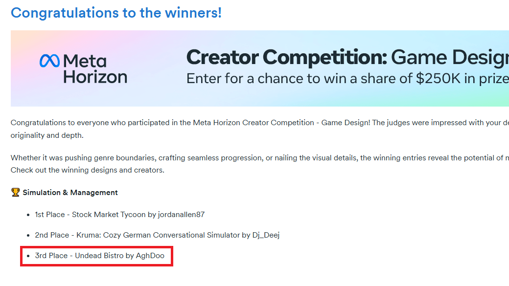 Meta Horizon Creator Competition Official Award Screenshot